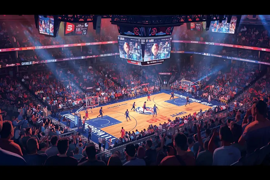 Arena lotada em jogo da NBA. Temporada NBA, ciclo anual do basquete mundial.